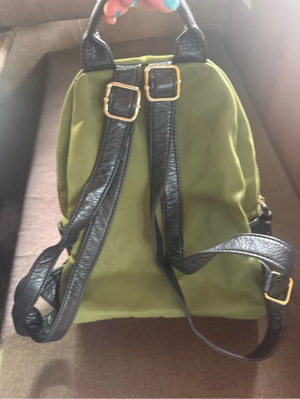 Olive Green and Black Women's Backpack with Front Zip Pocket